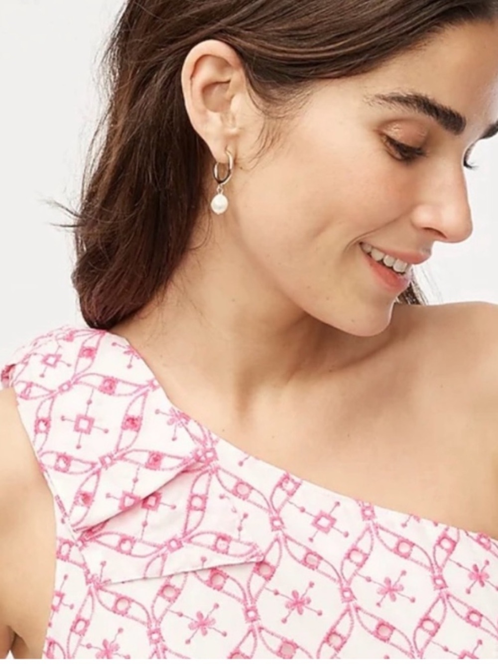 J.Crew One-Shoulder Bow Eyelet Embroidered Dress White Pink Size 2 - Picture 2 of 16